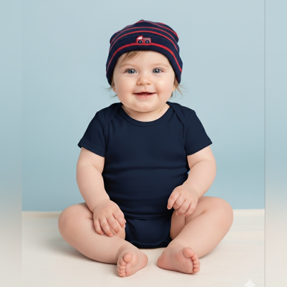 Gerber Baby Boys Blue/Red Striped Firetruck Hat/Cap Size 6-9M (16-20lbs)